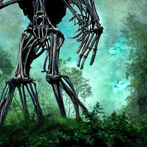 Image similar to a gigantic ethereal godlike skeletal being at the edge of a city, ancient, covered in overgrown leaves and vines and plants, hdr, digital art, dramatic composition