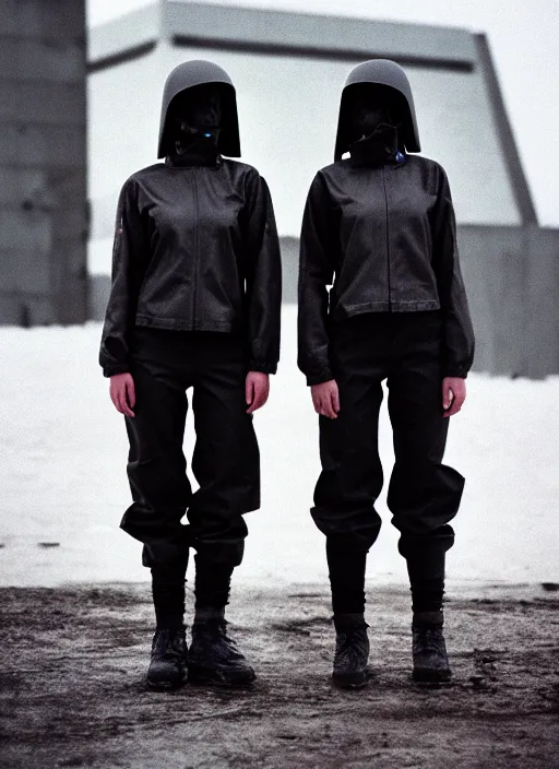 Prompt: cinestill 5 0 d photographic portrait of two loving clones, techwear women on a desolate plain, a brutalist metal building in the background, depth of field, 4 k, 8 k, hd, full color