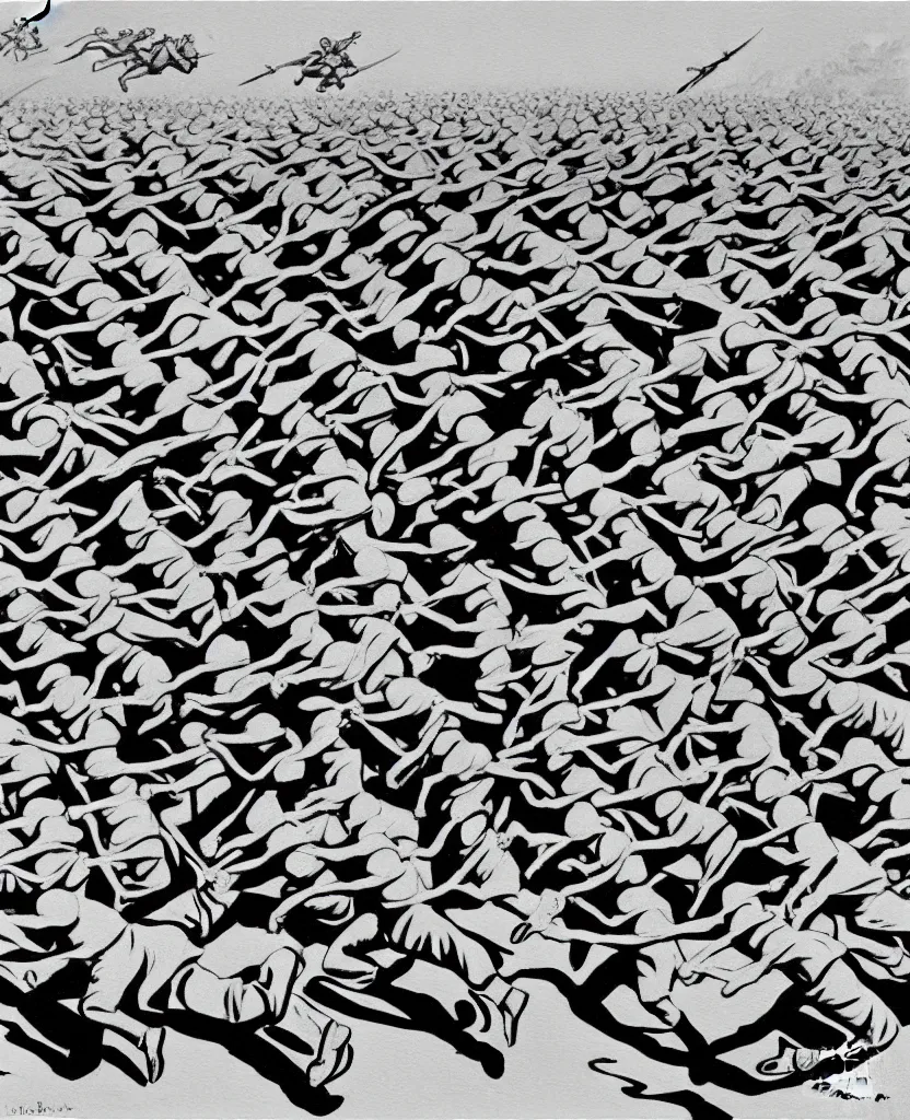 Image similar to a beautiful painting of running soldiers in el alamein battle, wwii,, black and white, painted by escher