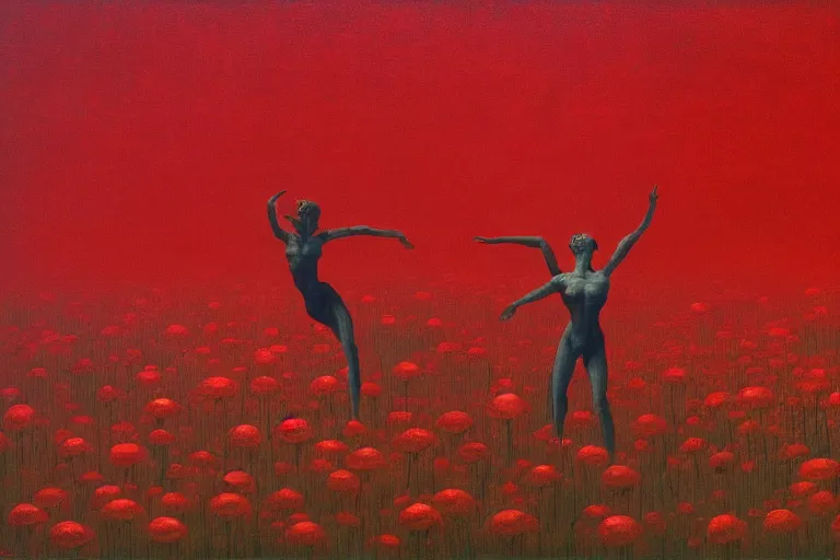 Image similar to only with red, a red expanse of flowers of different types, castle, goblins dance over the flowers in the style of beksinski, parts by edward hopper, parts by rodcenko, parts by yue minjun, intricate and epic composition, red by caravaggio, insanely quality, highly detailed, masterpiece, red light, artstation, 4 k