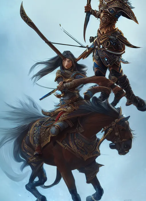 Prompt: a highly detailed illustration of fierce mongol warrior princess riding horse, heroic wielding bow pose, intricate, elegant, highly detailed, centered, digital painting, artstation, concept art, smooth, sharp focus, league of legends concept art, wlop.