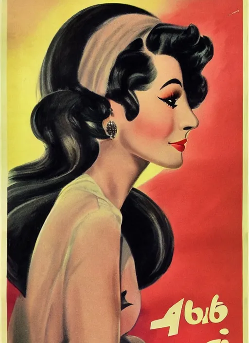 Image similar to portraitbeautiful and glamorous black-haired woman, smooth hair, arab, 1940s propaganda poster, full hd,highly detailed