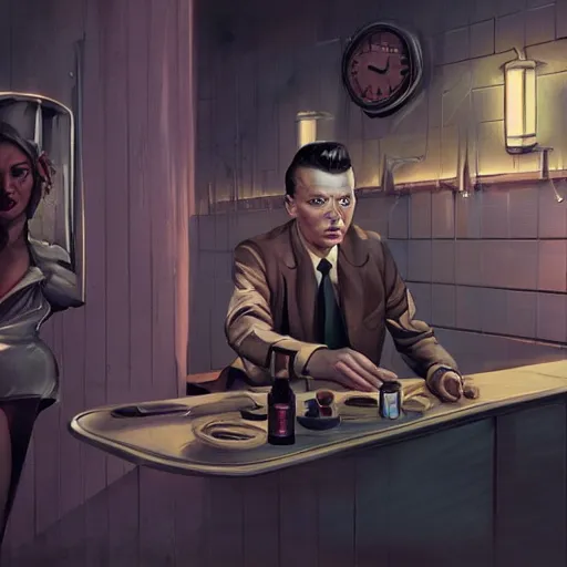 Prompt: perfect composition, cinematic atmosphere, award-winning concept art, detailed digital painting, airbrushed: young Frank Sinatra as a poor 1950s bartender. Soviet dystopia, cyberpunk, steampunk. Poverty. Volumetric cinematic lighting, great attention to perfect anatomy, special attention to posing, great attention to realistic facial expression, faithful cinematic color scheme, perfectly coherent. In the style of: Greg Rutkowski, Francis Bacon, Syd Mead, Norman Rockwell, Beksinski, Edward Hopper, James Gilleard, Ilya Kuyshinov, WLOP, Stanley Artgerm, Takato Yamamoto, and James Jean.