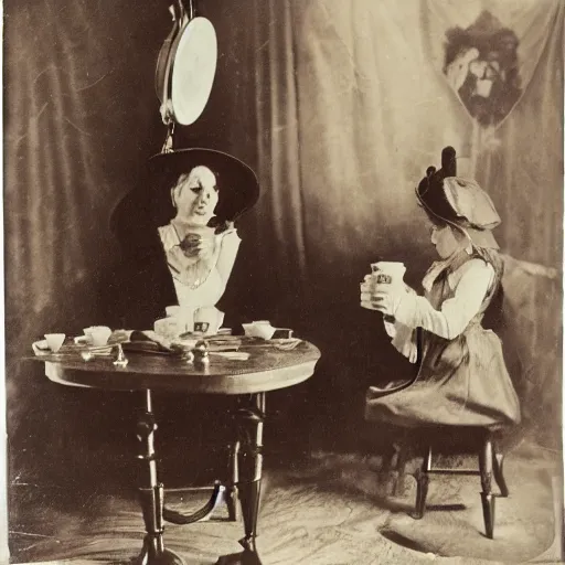 Prompt: demons tea party, antique photo, victorian era, cinematic lighting,
