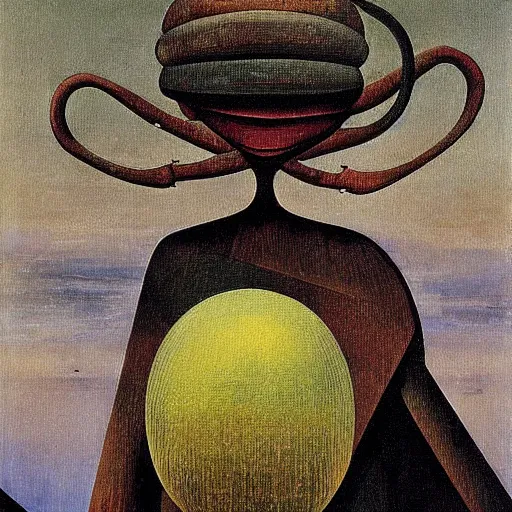 Image similar to An oil painting of a strange alien creature by Max Ernst and Giorgio de Chirico