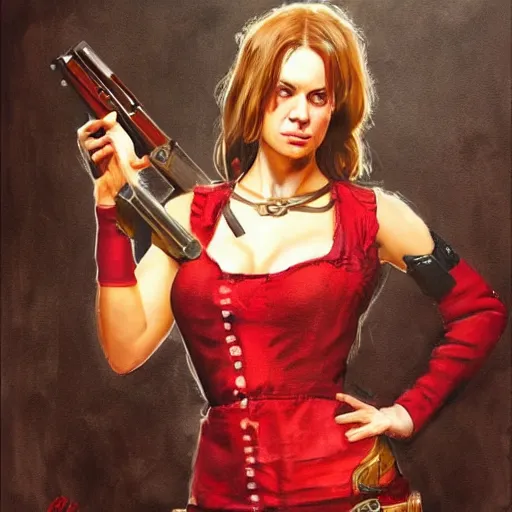 Image similar to a woman in a red wild west dress holding a shotgun, realistic painting by drew struzan, anatomically correct, beautiful, soft lighting, artstation