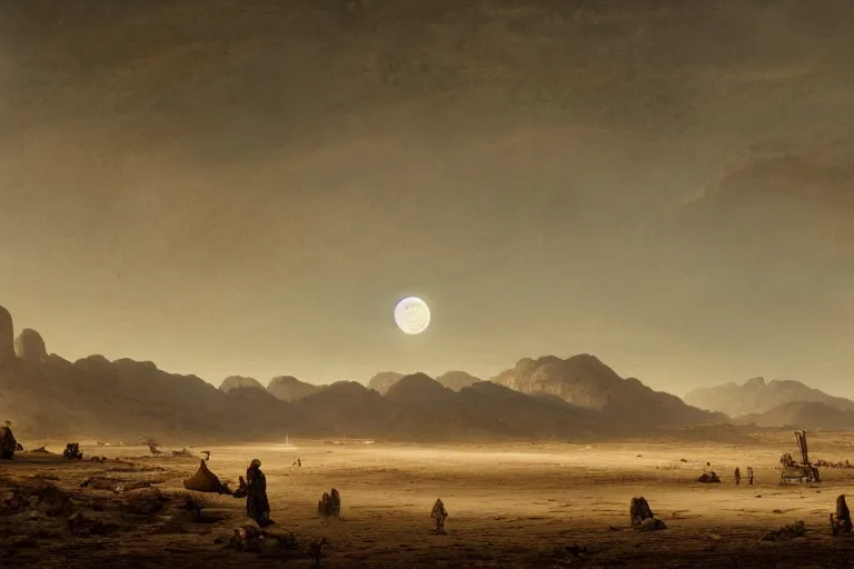 Prompt: nobody on the desert, moon on the horizon, the most extreme loneliness and an enormous silence all around, in the style of samuel prout, highly detailed, elegant, intrincate, colorful, vivid, realist style, hyperdetailed, 4 k resolution, matte painting