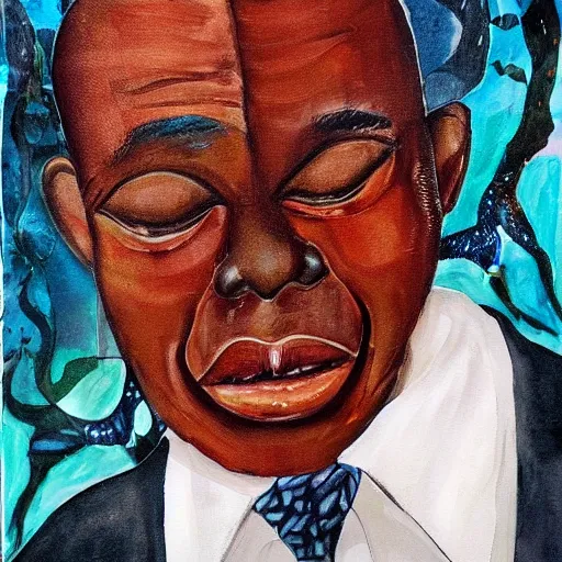 Image similar to a painting of a fatherly wide forehead, aquiline nose, round face, XXL , loving, caring, generous, ever-present, humble, wise elder from Kenya with a friendly expression in a suit by Wangechi Mutu . Fatherly/daddy, focused, loving, leader, relaxed,. ethereal lights, details, smooth, sharp focus, illustration, realistic, cinematic, artstation, award winning, rgb , unreal engine, octane render, cinematic light, macro, depth of field, blur, red light and clouds from the back, highly detailed epic cinematic concept art CG render made in Maya, Blender and Photoshop, octane render, excellent composition, dynamic dramatic cinematic lighting, aesthetic, very inspirational, arthouse.