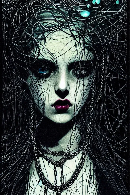 Prompt: dreamy gothic girl, black leather slim clothes, chains, underwater, beautiful body, detailed acrylic, grunge, intricate complexity, by dan mumford and by alberto giacometti, peter lindbergh