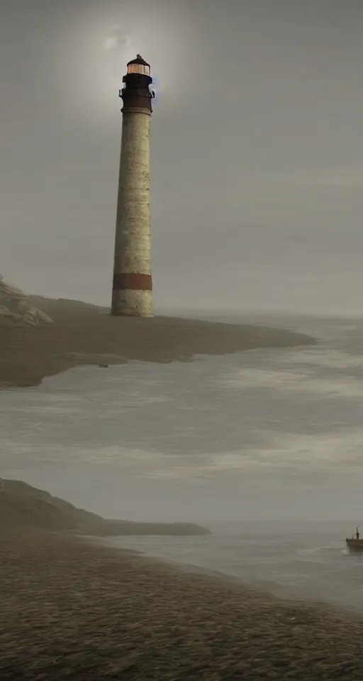 Prompt: wide - shot of lighthouse on the sand seashore, misty background, from the game pathologic 2, highly detailed, sharp focus, matte painting, by isaac levitan and asher brown durand,