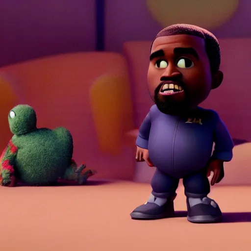 Image similar to a cinematic film still from a 2022 Pixar movie starring Kanye West, in the style of Pixar, shallow depth of focus