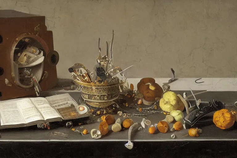Prompt: a vanitas painting by clara peeters and pieter claesz, depicting an NVIDIA RTX GPU , graphics card, cables, wires