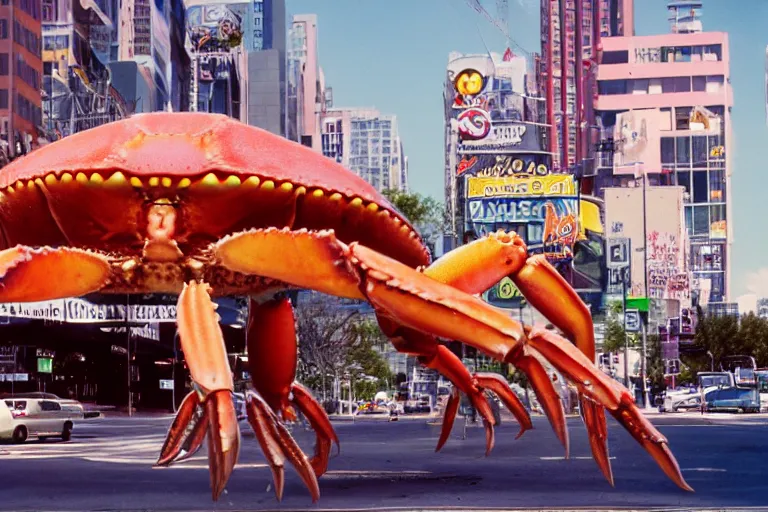Image similar to 2 0 1 5 cute giant crab terrorizing a city, googie city, americana, fishcore, hd 8 k, photography cinestill