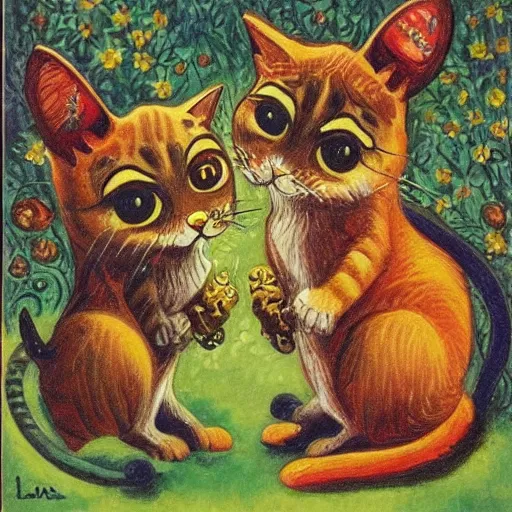 Prompt: a cat and mouse, fantasy art, louis wain