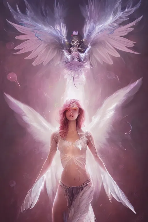 Prompt: beautiful model wearing crystal white feathers, pink magic, vortex, angel, fantasy, dramatic lighting, highly detailed, digital painting, holding electricity, magic the gathering, 3 d render, hyper realistic detailed portrait, peter mohrbacher, wlop, ruan jia