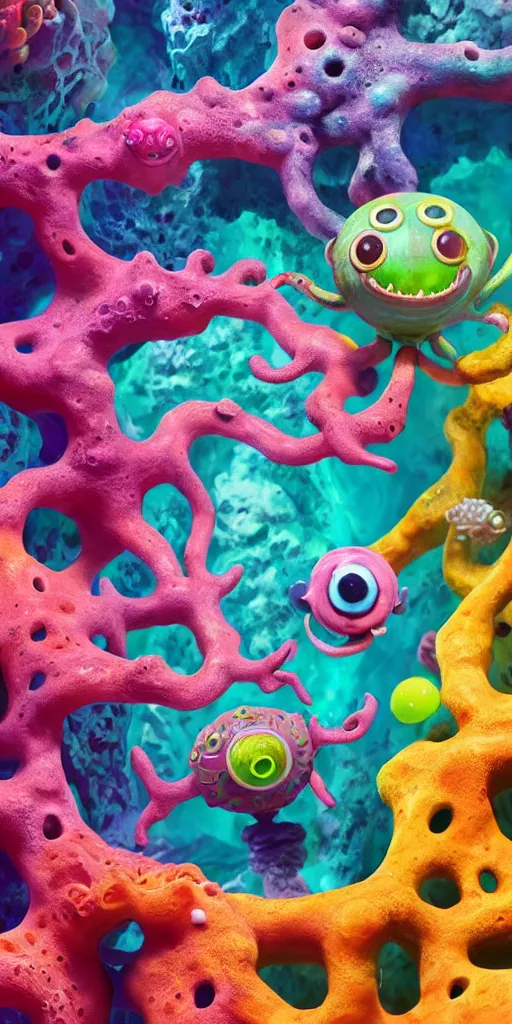 Image similar to of a colorful deep sea cave with strange cute friendly happy creatures with huge eyes, mouth, long tongue and round teeth appearing from sandy coral, in the style of gehry and gaudi, macro lens, shallow depth of field, ultra detailed, digital painting, trending artstation, concept art, illustration, cinematic lighting, photorealism, epic, octane render