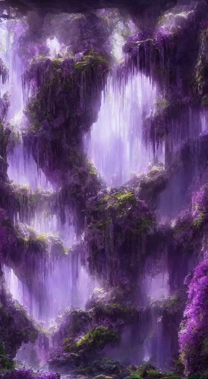 Prompt: a mystical dreamy waterfall cave with amethysts and lilac sunrays, trending on artstation, concept art, matte painting, 8 k