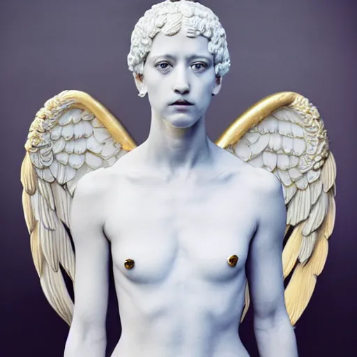 Image similar to a statue made of very white marble with gold elements, of an beautiful angel girl with an sword, perfect symmetrical body, perfect symmetrical face, no eyes, hyper realistic, hyper detailed, fujicolor superia 1 6 0 0 photo, full body shot, by peter kemp, by monia merlo