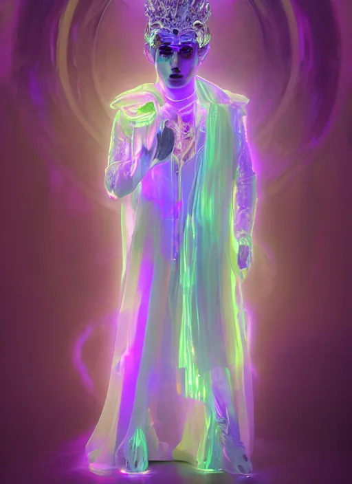 Prompt: photo of fullbodied baroque and bladerunner delicate neon crystalline sculpture of seductive onyx albino marble prince zayn malik dotado pink iridescent humanoid deity wearing blue plastic hooded cloak holding an glass skull in a onyx alien dungeon, reclining, glowing magenta face, crown of white diamonds, cinematic lighting, photorealistic, octane render 8 k depth of field 3 d