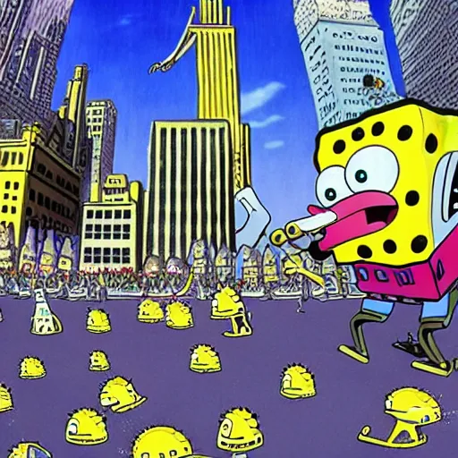 Image similar to giant sized spongebob squarepants destroying the twin towers in new york city