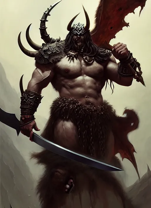 Image similar to a barbarian male horned darkin with a huge sword and wings, dim light, front game card, marvel comics, dark, intricate, highly detailed, smooth, artstation, digital illustration by ruan jia and mandy jurgens and artgerm and wayne barlowe and greg rutkowski and zdislav beksinski