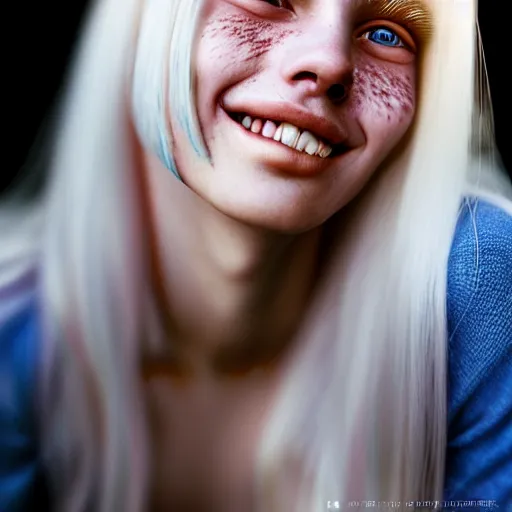Image similar to beautiful hyperreal portrait of a cute woman smiling softly, long white hair and bangs, a few cute freckles on cheeks and nose, blue eyes, very detailed face, by irakli nadar and juan francisco casas, golden hour, soft focus, 8 k, portra 4 0 0