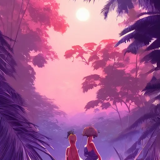 Prompt: tropical jungle, 2 moons in the sky above, purple tinged sky, behance hd artstation by jesper ejsing by rhads, makoto shinkai and lois van baarle, ilya kuvshinov, ossdraws