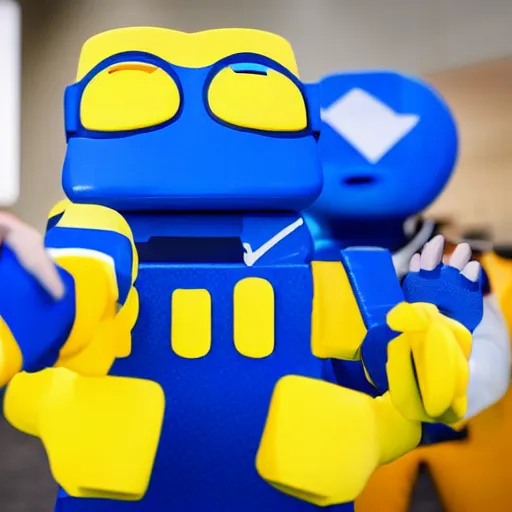 roblox grab packs cosplayer with blue and yellow hands, Stable Diffusion