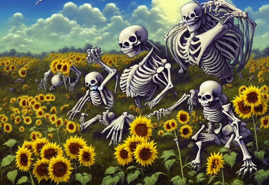 Prompt: chubby giant monster bones and skeletons in the countryside with sunflower in the foreground, intricate oil painting, high detail illustration, sharp high detail, manga and anime 1 9 9 9, official fanart behance hd artstation by jesper ejsing and makoto shinkai, 4 k,