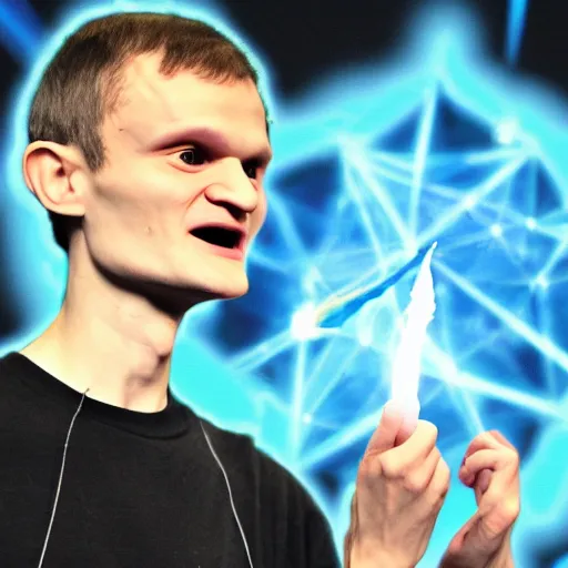Image similar to Vitalik Buterin as an arcane wizard casting a spell while presenting at a conference, ethereum logo can be seen in the magic - Photo manipulated by DALLE