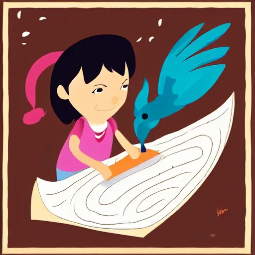 Image similar to young firehummingbird writes the letter'a'with a stream of fire onto a piece of parchment. rose field, cel shaded vector art trending on artstation childrens book