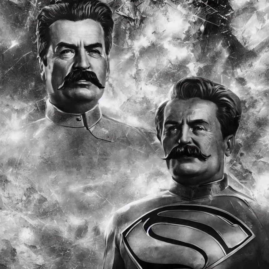 Image similar to stalin as superman, red son, socialist realism, sovietwave aesthetic, hammer and sickles, groundbreaking, award winning, breathtaking, superb, hyper realistic, detailed picture, intricate digital art, trending artstation, 8 k, unreal 5, octane render, vfx, volumetric lighting, rich moody colors, fan art, concept art