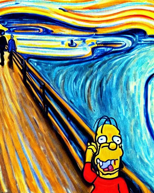 Image similar to a painting of homer simpson screaming in the scream by edvard munch