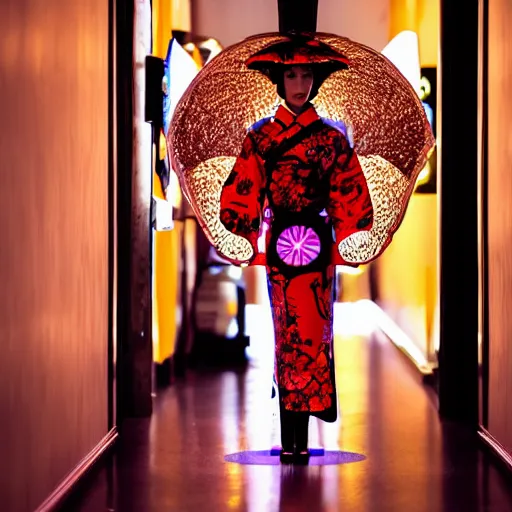 Image similar to a dark, back lit, silhouette of a mechanised cyber geisha, beautiful, detailed intricate traditional clothing, neon light halo, standing in font of a dark corridor,