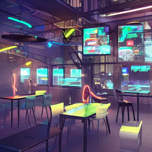 Image similar to digital HD cyberpunk indoor cafe