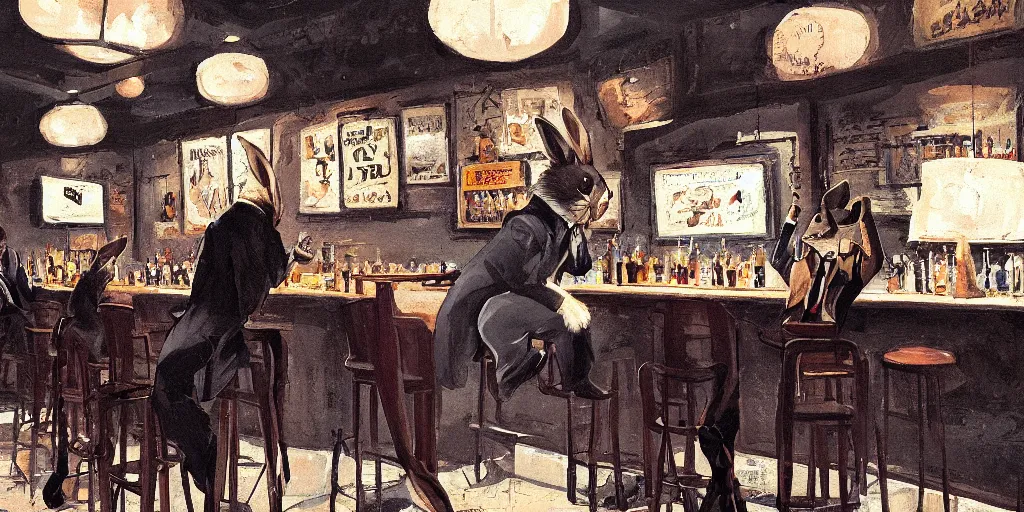 Image similar to a biped rabbit wearing a tie sits on a barstool at the bar of a 4 0 s jazz club, warm color palette, night time, dramatic lighting, noir film, character sheet, fine details, high contrast, blacksad, kim jung gi, greg rutkowski, trending on artstation, 8 k, front view, back view, ultra wide angle