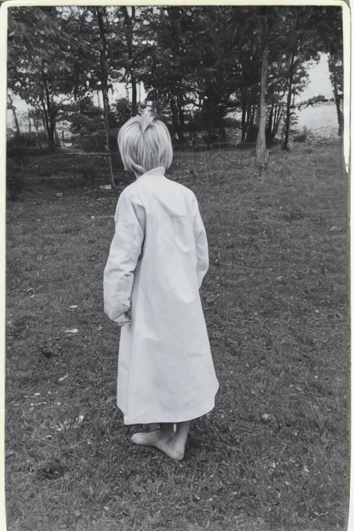 Image similar to photo polaroid of a sad and lonely child in a white coat and barefoot stands in the middle from behind the camera many big tents of field hospitals, pandemic, covid, loneliness, black and white ,photorealistic, 35mm film,