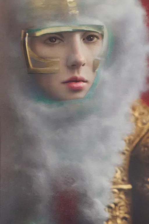 Image similar to hyperrealism oil painting, close - up portrait of caucasian medieval fashion model, knight, steel gradient mixed with nebula sky, in style of baroque mixed with 7 0 s japan book art