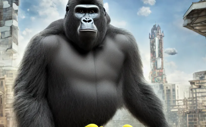 Prompt: gorilla as gru, hyperrealistic, concept art, octane render, unreal engine 5, trending on artstation, high quality, highly detailed, 8 k hdr, product photo, centered, minions background, soft lighting, path traced, low contrast, high coherence, symmetrical