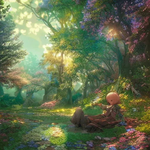 Image similar to the aesthetic view of the beautiful, grand, wistful, dreamy hidden forest at dusk, hyperrealistic anime illustration by iralki nadar, colorful, extremely detailed, intricate linework, super sharp focus, bright colors, octopath traveler, studio ghibli, unreal engine 5 highly rendered, global illumination, radiant light, detailed and intricate environment