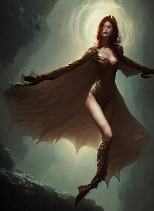 Prompt: desirable vampire woman floating in the air with silk cloth, fantasy, intricate, elegant, highly detailed, digital painting, artstation, concept art, matte, sharp focus, illustration, art by artgerm and greg rutkowski, dreadjim, zeen chin