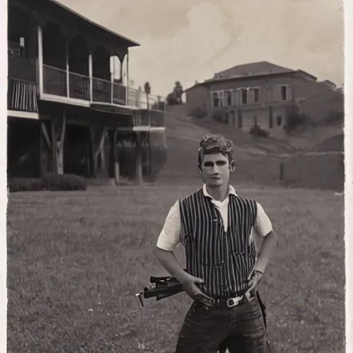 Image similar to Young man standing looking to the right in a red bandana, blue striped shirt, gray vest and a gun with a partly cloudy sky in the background. The young man is standing in front of an iron fence. Photograph. Real life