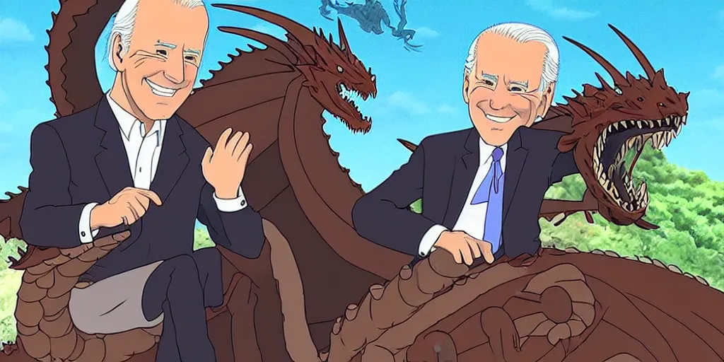 Image similar to joe biden riding a dragon studio ghibli