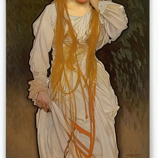 Image similar to pale woman, angry, painted by alphonse mucha