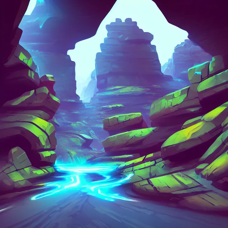 Image similar to marketing game illustration, distortion camera of a scifi road into the rocks canyon very fast feeling in the style of Blizzard and Riot Games