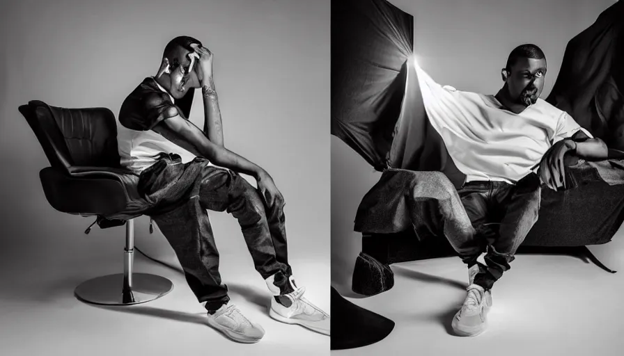 Image similar to high quality studio photo shoot of a male model modelling yeezy inspired futuristic hoddle mockup, final product shot, studio lighting, all round angle. trending on futuristic fashion instagram.