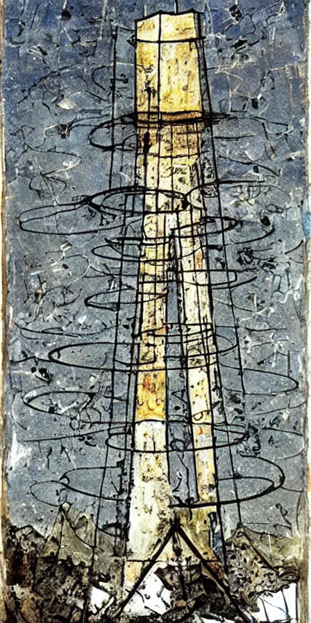 Prompt: The Tower tarot card illustrated by Anselm Kiefer on a slab of metal with rounded edges, standing upright on a cement table