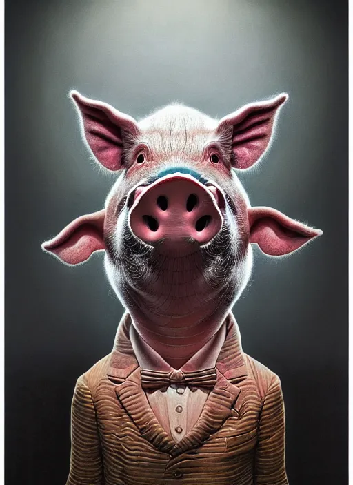 Image similar to hyper detailed 3d render like an Oil painting - Portrait of a Pig in a tuxedo by Jacek Yerka, Mariusz Lewandowski, Houdini algorithmic generative render, Abstract brush strokes, Masterpiece, Edward Hopper and James Gilleard, Zdzislaw Beksinski, Mark Ryden, Wolfgang Lettl, hints of Yayoi Kasuma, octane render, 8k