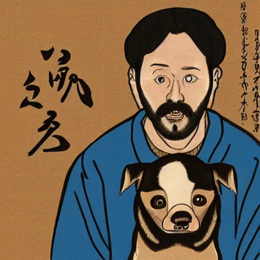 Image similar to twitch streamer forsen and his dog peppah in Ukiyo-e style, rule of thirds