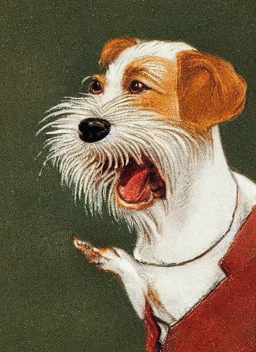 Prompt: closeup candid portrait of a jack russel terrier howling up, illustrated by peggy fortnum and beatrix potter and sir john tenniel